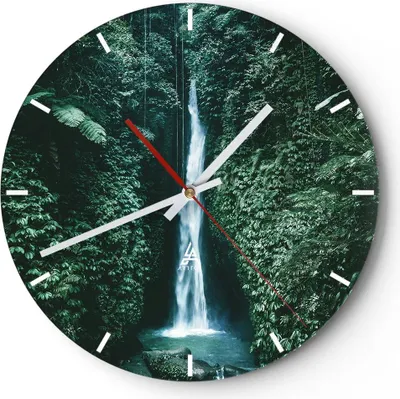 Produktbild von Wanduhr - Rund - Glasuhr - Tropen Wasserfall Dschungel - 30x30cm - Schleichendes Uhrwerk - Lautlos - zum Aufhängen bereit - Dekoration Modern - Wanddekoration aus Glas - C3AR30x30-5103