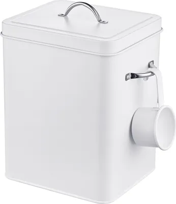 Immagine prodotto di Relaxdays Contenitore per detersivo 6 L, metallo, barattolo per detersivo in polvere con misurino, design retrò, coperchio per mangime per animali, bianco