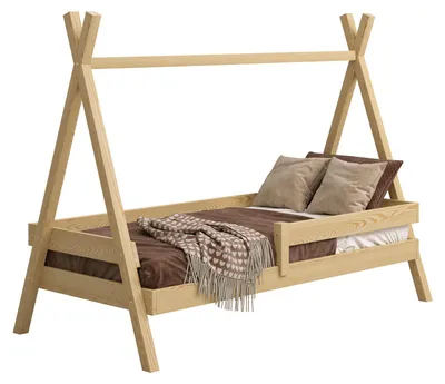 Produktbild von MEBLE WRÓBEL Kinderbett Tipi 80x180 cm Unlackiert - Bett aus Kiefernholz mit Auszugbett & Rausfallschutz - Hausbett für Mädchen und Jungen - Abgerundete Kanten