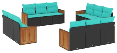 Image de vidaXL Ensemble de 12 canapés de jardin avec coussins, polyrattan noir