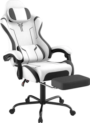 Zdjęcie produktu dla TRMLBE Fotel do gier Fotel biurowy do masażu Ergonomiczny z regulowaną poduszką lędźwiową 135°, zagłówkiem, podłokietnikami i podnóżkiem Fotel do gier z regulacją wysokości Fotel do gier maks. do 150 kg, biały (KJ433)