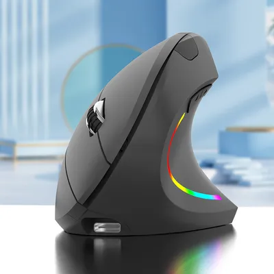 A close-up studio shot of a gray vertical mouse with RGB lighting.