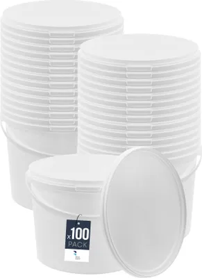 Produktbild von BenBow Eimer mit Deckel 10L x100 Weiß - lebensmittelecht, stabil, luftdicht, auslaufsicher, geruchsneutral - Plastikeimer mit Henkel - leer