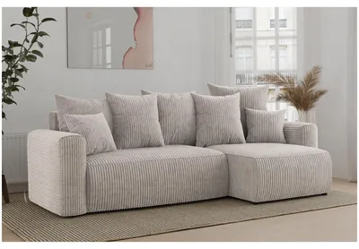 Produktbild von MEBLINI Schlafcouch mit Bettkasten - 238x142x73cm - Creme Cordstoff - DAVE - Kleines Ecksofa mit Schlaffunktion - Sofa mit Relaxfunktion und Kissen - Kleine Couch L-Form - Eckcouch