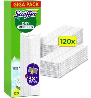 Immagine prodotto di Kit di ricambio Swiffer per pavimenti: 120 salviette asciutte + 3 salviette umidificate, confezione , accessori per la pulizia dei pavimenti