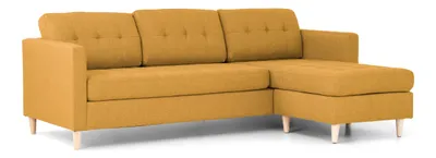 Produktbild von Marino Sofa, Chaiselongsofa rechts oder links gewendet in Stoff currygelb mit Holzbeinen.