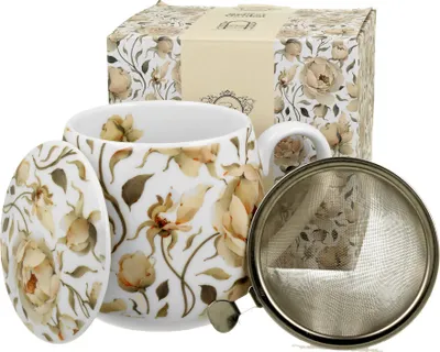 Produktbild von DUO FLORAL Fassbecher 430 ml ENGLISH ROSES WHITE mit Teesieb, New Bone China Porzellan