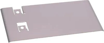 A close-up, angled view of a metal plate with cutouts and holes.