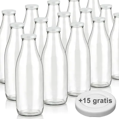 Produktbild von Geniess-Bar! 15 Glas-Weithalsflaschen 1000ml, leer, mit 30 Deckeln, Höhe 258mm, Durchmesser 88mm, Weithalsöffnung 44mm, Gewicht 412g, BPA-frei, ölbeständig, temperaturbeständig bis 115°C, wiederverwendbar, für Heißfüllungen geeignet, für Milch, Smoothies, Saft, neutrales Design