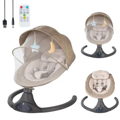 Produktbild von Bebies First Elektrische Babywippe Beige – Babyschaukel mit Bluetooth, Timer, Fernbedienung und LED-Touchpanel, ab Geburt bis 9 kg