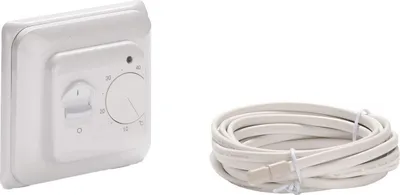 A white thermostat and a coiled white cable are shown against a white background.