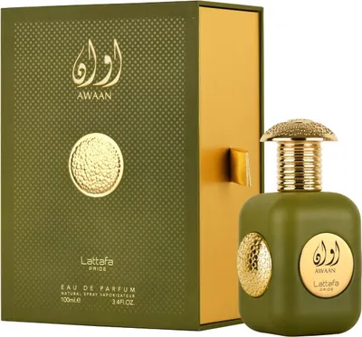 A perfume bottle and its packaging are displayed against a white background.