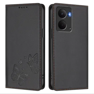 Image de Étui en cuir pour Realme 14 5G, étui de protection type portefeuille en cuir gaufré « papillon » avec support, noir