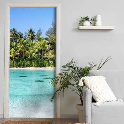 Produktbild von Türtapete selbstklebend | 200 x 90 cm Karibik, Strand, Palmen, Meer | Tür Aufkleber Poster Türfolie | Einteilig | Wasserfest 3D Türaufkleber Klebefolie Wandtattoo