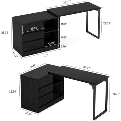Produktbild von L-förmiger Schreibtisch mit Schubladen, wendbarer Eckschreibtisch mit Aufbewahrungsschrank, modern, schwarz