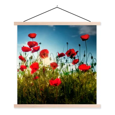 Produktbild von MuchoWow® Textilposter Mohnblumen - Toskana - Sonne - Rot - Blau 120x120 cm mit holzfarbenen Rahmen - Textil-Poster