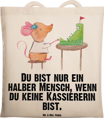 Produktbild von Mr. & Mrs. Panda Tote Bag Kassiererin Herz - Transparent - Geschenk, Jutebeutel, Lustig, Spruch, canvas tasche, Laptoptasche, Stoffbeutel, Witzig, Schultasche