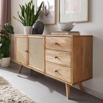 Produktbild von FineBuy Sideboard Mango Massivholz 140 cm 2 Türen & 3 Schubladen - Massive Retro Kommode mit Wiener Geflecht - Design Natur Anrichte - Handmade