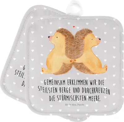 Produktbild von Mr. & Mrs. Panda Topflappen Igel händchenhaltend - Grau Pastell - Geschenk, topfhalter, Freundin, Lieblingsmensch, Verliebt, Verknallt, Liebe, Set, Ofenlappen, Doppel