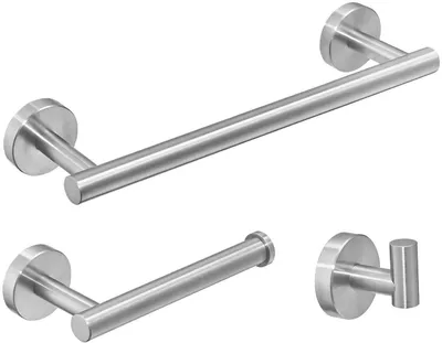 Image de Porte-papier hygiénique, crochets pour serviettes, porte-serviettes, lot de 3 pièces, acier inoxydable SUS 304, barres murales, fixation murale, salle de bains, porte-serviettes, porte-serviettes de bain, accessoires de salle de bains, salle de bains, WC, cuisine, argent