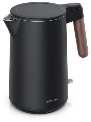 Produktbild von Arendo Wasserkocher Wood Style CORE, 1,5 l, 2200 W, Teekocher mit Doppelwandgehäuse, Cool-Touch, Edelstahl, BPA-frei, 360°-Basis, schwarz, Griff in dunkler Holzoptik