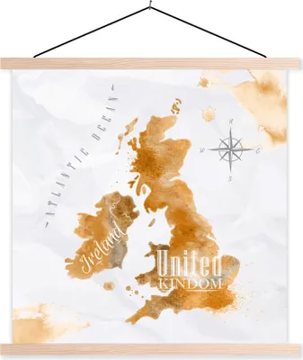 Produktbild von MuchoWow® Textilposter Weltkarte - Aquarell - Gold 40x40 cm mit holzfarbenen Rahmen - Posterleiste