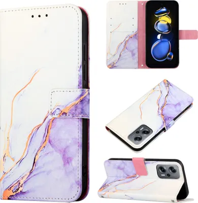 Produktbild von Xiaomi Poco X4 GT 5G Hülle, Marmor Motiv Kunstleder Tasche Wallet Kartenfächer mit Standfunktion Klapp Schutzhülle für Xiaomi Poco X4 GT 5G Weiß Lila