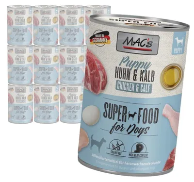 Produktbild von MAC's Welpen-Nassfutter ohne Getreide mit Huhn und Kalb, 12 x 400 g – für gesunde Knochen, Haut und Fell