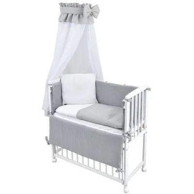 Produktbild von Baby-Delux Beistellbett Stillbett Babybett 90x40 weiß inkl. Matratze Bettwäsche Set komplett Waffelpique Musselin Grau