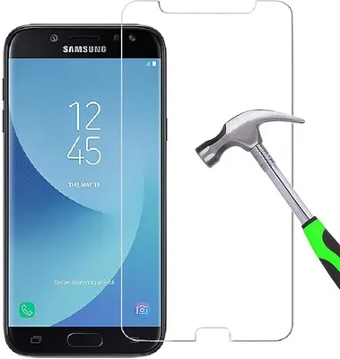 A smartphone with a screen protector and a hammer are shown.