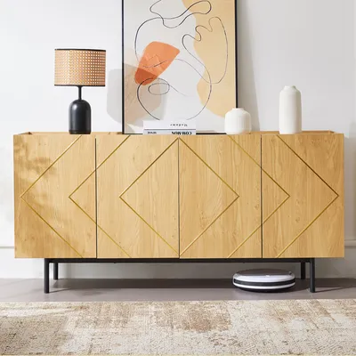 Zdjęcie produktu dla Komoda – 160 x 78 x 40 cm, drewno naturalne – metalowe wstawki i bez uchwytów – 4 drzwi i regulowane półki