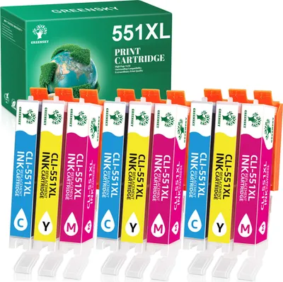 A box of printer ink cartridges with several cartridges arranged in front of it.