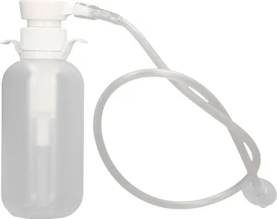 A clear, professional shot of a vaginal douche bottle with a connected tube, isolated on a white background.