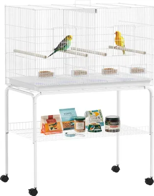 Image de Cage pour oiseaux - Cage roulante avec séparation - Dimensions 94×57×128 cm - Fer - Pour perroquets et canaris - Blanc