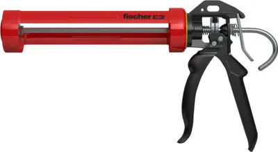 A red and black caulking gun is shown against a white background.