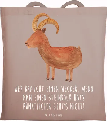 Produktbild von Mr. & Mrs. Panda Jutebeutel Steinbock Wecker - Braun Pastell - Geschenk, Pünktlichkeit, Geschenke Sternzeichen, Shopping Tasche, Humor, Horoskop, Tierkreiszeichen