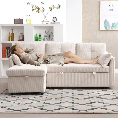 Immagine prodotto di Sweiko Divano letto multifunzionale con contenitore e letto estraibile, divano letto intercambiabile con chaise longue, divano componibile con sedute di contenimento, divano modulare a L, divano angolare modulare per soggiorno