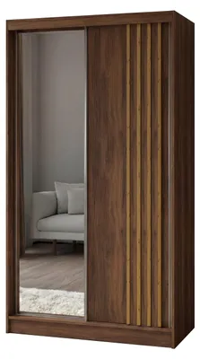 Productafbeelding van Kledingkast Neli, 120 cm breed, met lamellen en spiegel, inclusief 2 schuifdeuren. Schuifdeurkledingkast (kleur: Nuss Warmia, lamellen artisan)