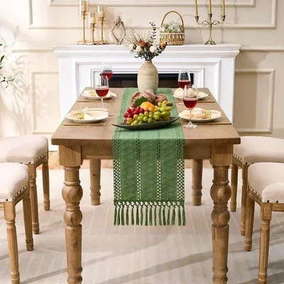 Productafbeelding van Ibenzoa® Handgeweven boho-stillever met franjes, katoen-linnen, 30 x 140 cm – decoratie voor eettafel, salontafel en feestelijke tafeldecoratie