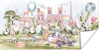 Produktbild von MuchoWow® Poster Paris - Regenbogen - Kinder - Rosa - Mädchen - Tiere 40x20 cm - Poster für die Wand - Poster Schlafzimmer