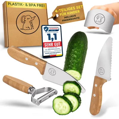 Obrázek produktu pro Eli®Sada dětských nožů z nerezové oceli, vysoce kvalitní 4dílná sada dětských kuchyňských nožů, nůž s ochranou prstů a škrabkou, sada dětských kuchařs