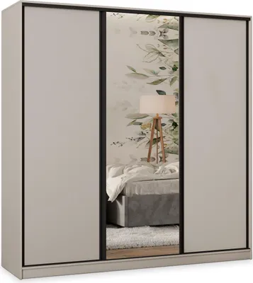 Produktbild von Masseno Schiebetürenschrank TARI 180/205/58 cm Kleiderschrank mit 4 Schubladen Schlafzimmer Schrank 3-türig mit Spiegel Kaschmir