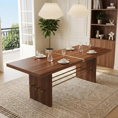Produktbild von Esstisch 180x75 cm für 6-8 Personen, großer Esszimmertisch aus MDF in Walnussoptik mit Goldakzenten, moderner Küchentisch für Esszimmer und Wohnzimmer