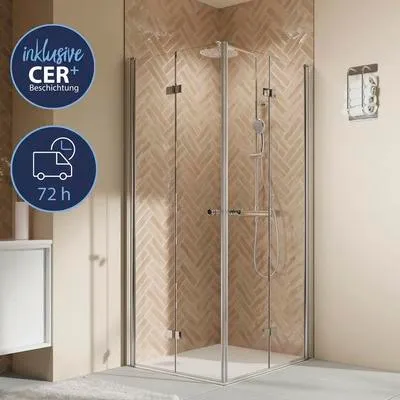 Produktbild von Eckeinstieg mit Drehfalttür BREUER Elana 2.0 Express Q72 90 x 90 x 200 cm Profil silber Klarglas schmutzabweisende Glasb