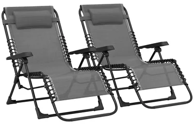 Image de Lot de 2 chaises longues pliantes avec appui-tête, en Textilene, réglables sur 5 positions, gris, jusqu'à 120 kg, aucun montage nécessaire