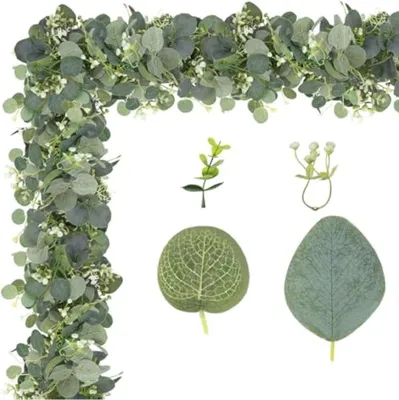 Produktbild von Eukalyptus Girlande - Kunstpflanze Dekoration für Hochzeiten und Feiern - Realistisch Grün und Wasserfest - 2 Stück à 180 cm