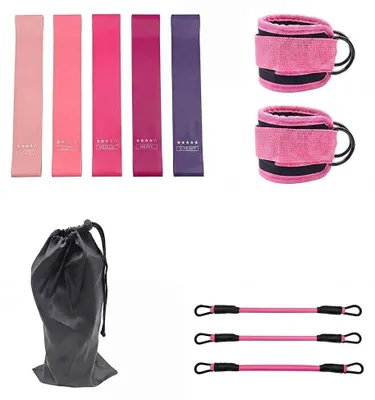 Productafbeelding van Weerstandsbanden set - Weerstandsbanden met handvatten - 8-delig - 2,3 tot 18 kg - TPE - Roze - Met draagtas voor fitness, yoga en pilates
