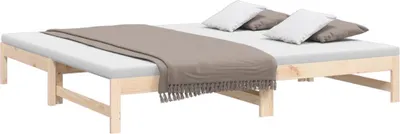 A wooden daybed with mattresses and pillows, laid out on a white background.