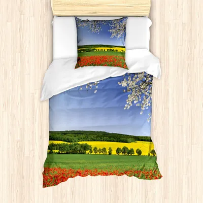 Produktbild von ABAKUHAUS Blume Bettbezug Set, Mohnfeld Mit Einer Frühlings Landschafts Und Blüten Baum Ansicht Im Wiesen Natur Bild, 135 x 200 cm + 80 x 80 cm, Mehrfarbig