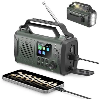 Zdjęcie produktu dla Radio awaryjne Unyqoos® – przenośne urządzenie DAB i FM z akumulatorem 20 000 mAh, ładowaniem słonecznym i korbką, portem USB, Bluetooth, wyświetlaczem TFT, syreną SOS, kompasem oraz 3 trybami pracy diod LED
